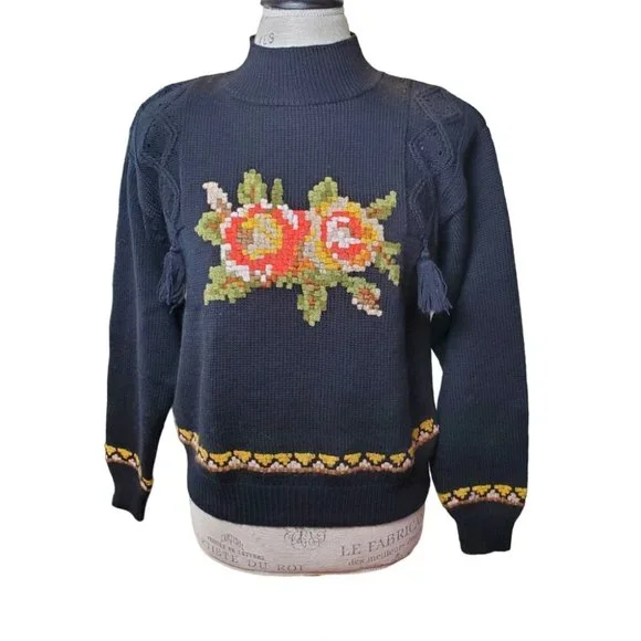 RARE | René Derhy Vintage 90s Embroidered Flower Wool Blend Sweater (Size M) - Picture 1 of 9